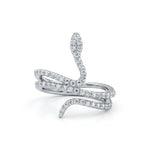 Silver snake-shaped ring with embedded diamonds on a white background