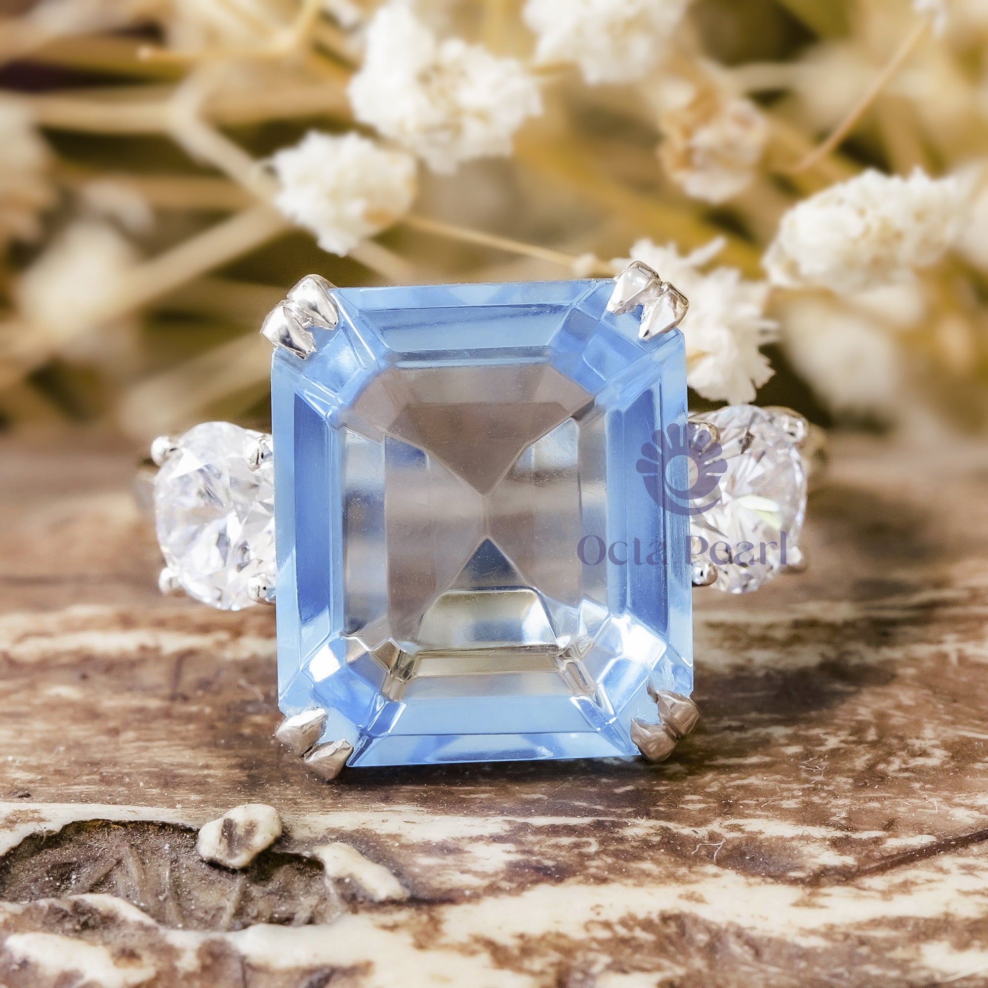 Light Blue Emerald With Round Cut CZ Stone Past Present Future