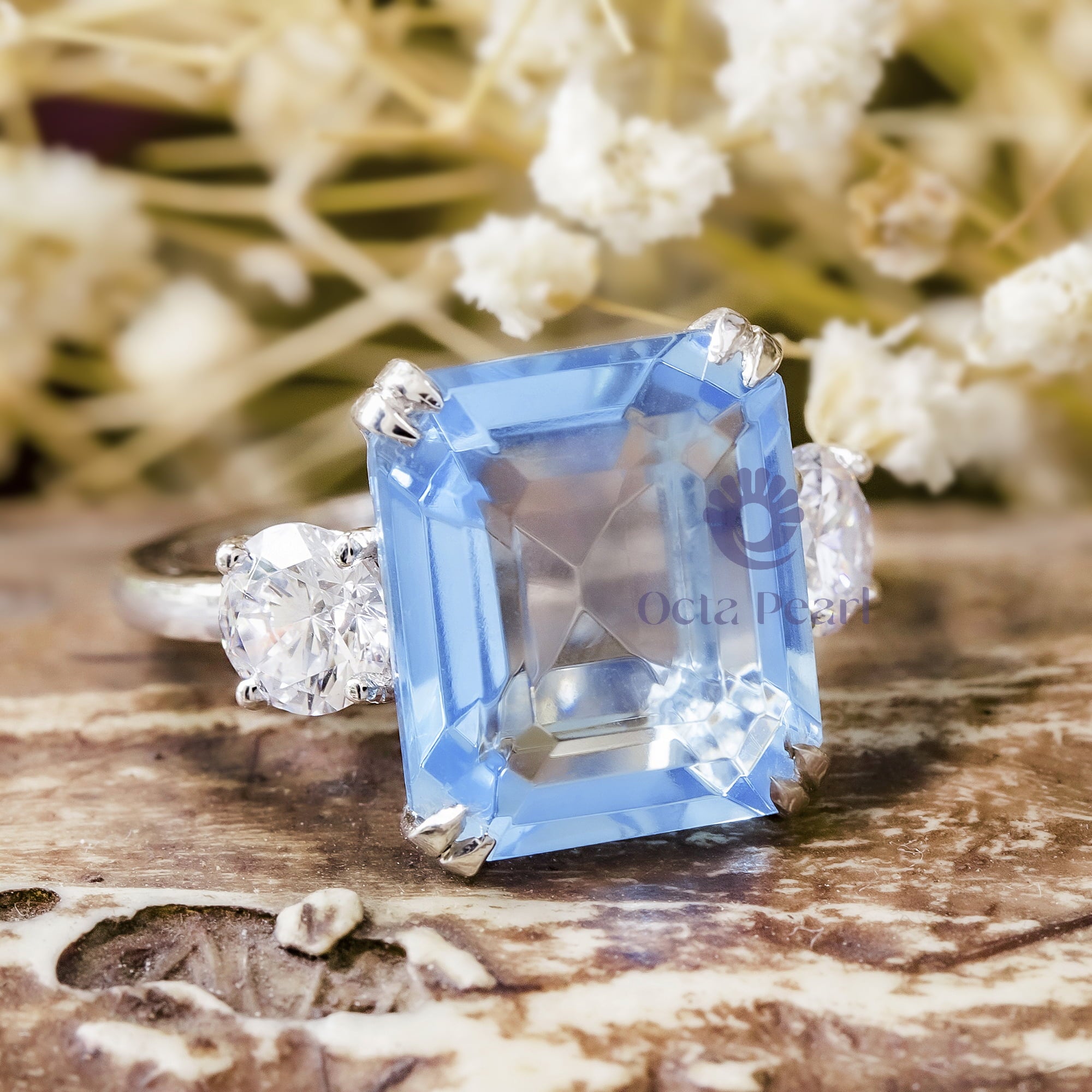 Light Blue Emerald With Round Cut CZ Stone Past Present Future