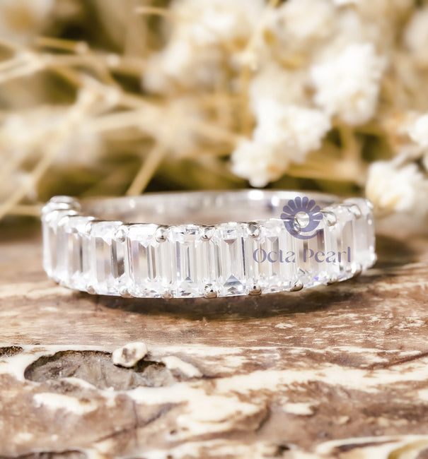 Emerald Cut CZ Stone Half Eternity Stacking Band For Wedding Proposal-Promise