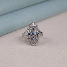 White Round & Blue Sapphire Triangle CZ Stone Filigree Art Deco Navette Ring - alternate view