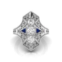 White Round & Blue Sapphire Triangle CZ Stone Filigree Art Deco Navette Ring