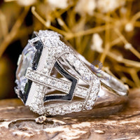 Princess Cut CZ Stone Art Deco Black Enamel Vintage Look Ring