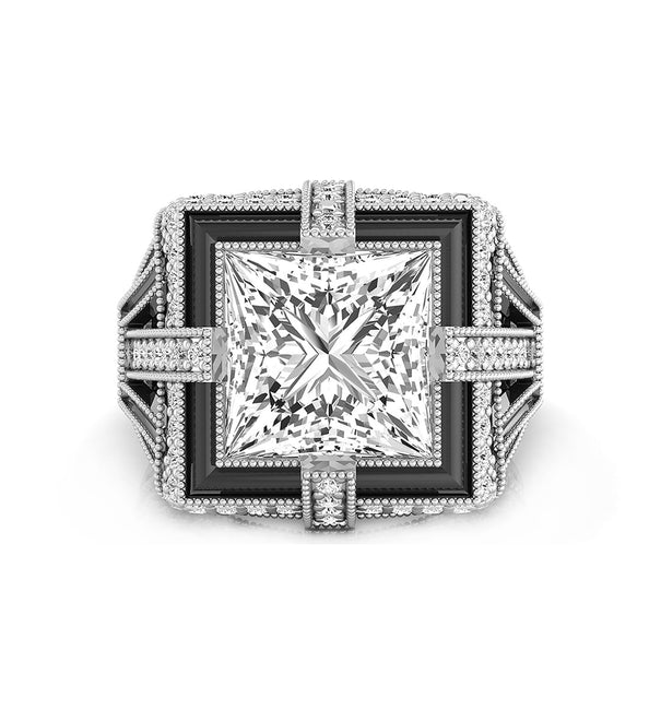 Princess Cut CZ Stone Art Deco Black Enamel Vintage Look Ring For Women