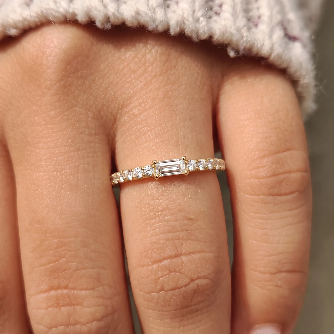 OctaPearl Baguette Cut Lab Grown Diamond Minimalist Pave Engagement Ring