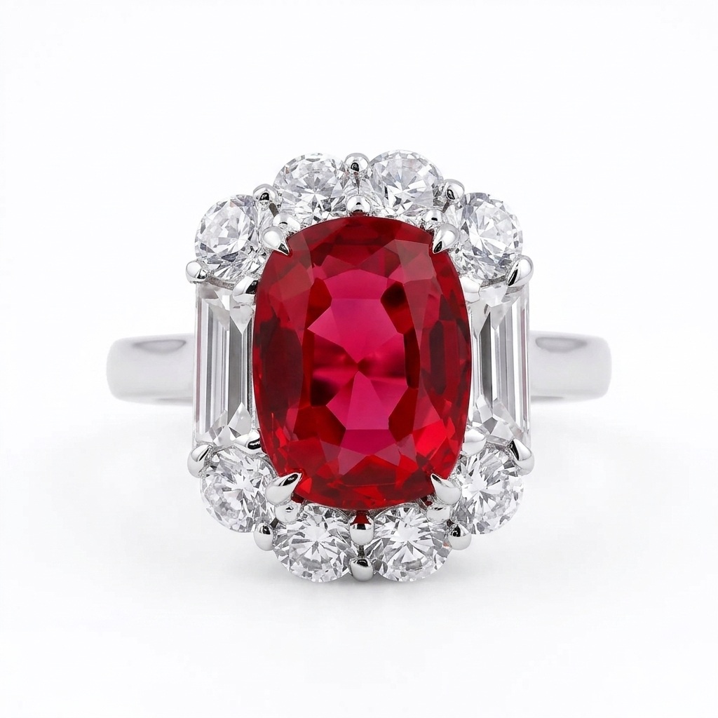 Cushion Cut Ruby Red CZ Halo Cocktail Ring - Royal Statement Jewelry