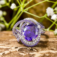 Purple Oval Cut CZ Gemstone Double Band Unique Cocktail Party Wear Ring For Women