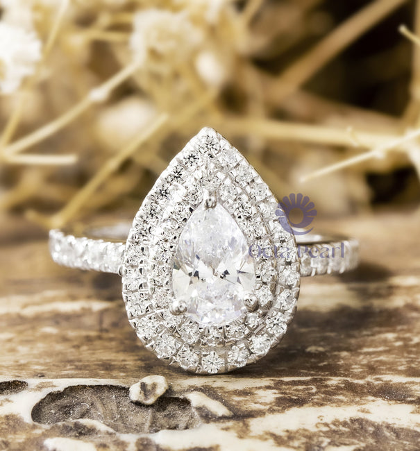 Pear Cut Moissanite Double Halo Wedding Anniversary Gift Ring alternate