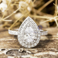 Pear Cut Moissanite Double Halo Wedding Anniversary Gift Ring