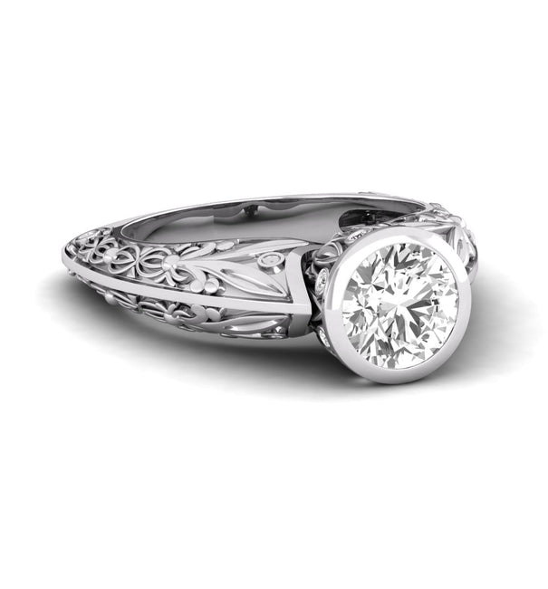 Bezel Set Round Moissanite Art Deco Engrave Style Euro Shank Engagement Ring