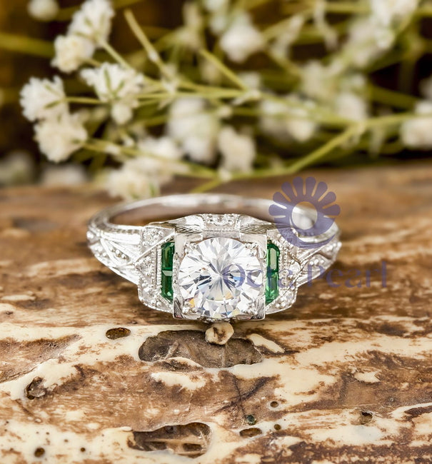 Round With Green Baguette Cut CZ Stone Art Deco Vintage Wedding Ring