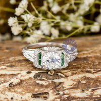 Round With Green Baguette Cut CZ Stone Art Deco Vintage Wedding Ring