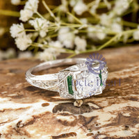 Round With Green Baguette Cut CZ Stone Art Deco Vintage Wedding Ring