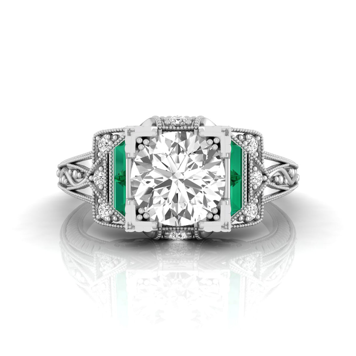 Round With Green Baguette Cut CZ Stone Art Deco Vintage Wedding Ring