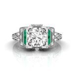 Diamond ring with emerald accents on a white background, Round With Green Baguette Cut CZ Stone Art Deco Vintage Wedding Ring