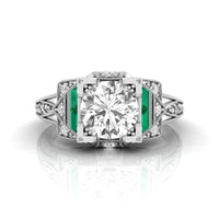 Diamond ring with emerald accents on a white background, Round With Green Baguette Cut CZ Stone Art Deco Vintage Wedding Ring