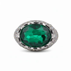 Green Emerald Oval Cocktail Ring – Vintage Silver Statement Band