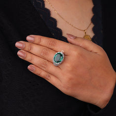 Green Emerald Oval Cocktail Ring – Vintage Silver Statement Band