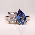 Blue Sapphire Pear & Radiant Cut Diamond Toi Et Moi Gemstone Ring