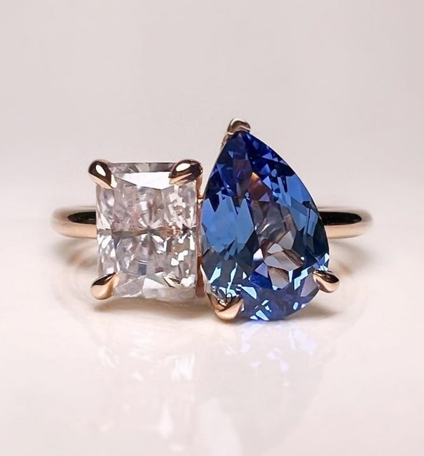 Blue Sapphire Pear & Radiant Cut Diamond Toi Et Moi Gemstone Ring