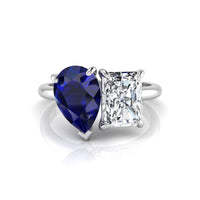 Blue Sapphire Pear & Radiant Cut Diamond Toi Et Moi Gemstone Ring