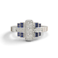 Blue Sapphire Baguette & Round Cut CZ Stone Antique Designer Ring