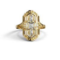 Round Moissanite Three Stone Vintage Style Art Deco Navette Ring