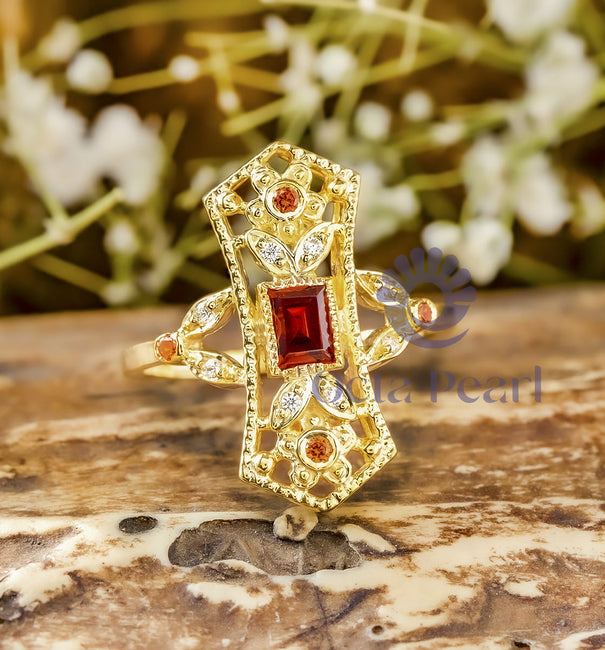 Orange Emerald Cut CZ Stone Floral & Leaf Inspire Vintage Edwardian Wedding Ring