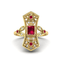Orange Emerald Cut CZ Stone Floral &amp; Leaf Inspire Vintage Edwardian Wedding Ring