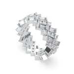 Diamond ring with various gemstone shapes on a white background