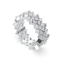 Diamond ring with various gemstone shapes on a white background