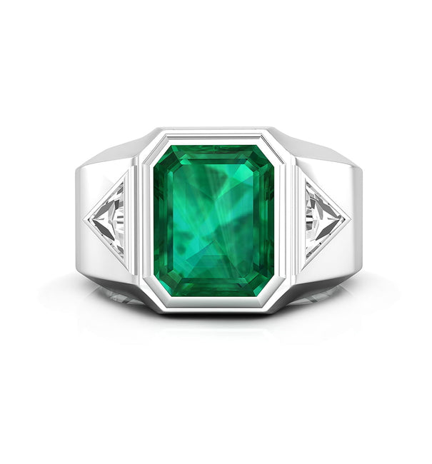 Green Emerald And Triangle Cut CZ Three Stone Bezel Set Office Wear Men's Ring