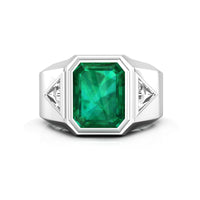 Green Emerald And Triangle Cut CZ Three Stone Bezel Set Office Wear Men's Ring