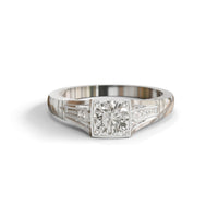 Silver ring with a diamond on a white background, Five stone engagement ring with round moissanite set in a vintage-style band with intricate detailing, available in gold or silver