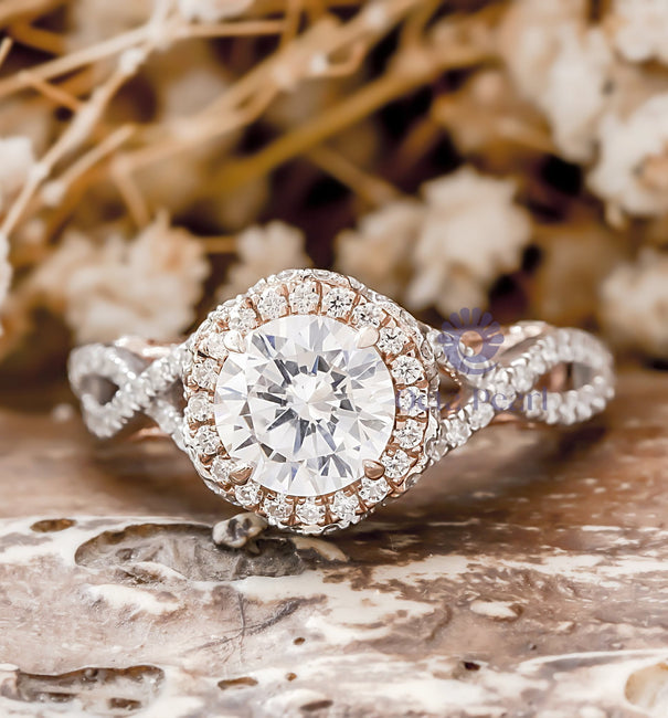 Round Cut Moissanite Halo Twisted Shank Milgrain Anniversary Gift Ring alternate