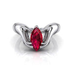 metalcolor:white Silver ring with a red gemstone on a white background