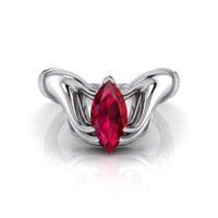 metalcolor:white Silver ring with a red gemstone on a white background