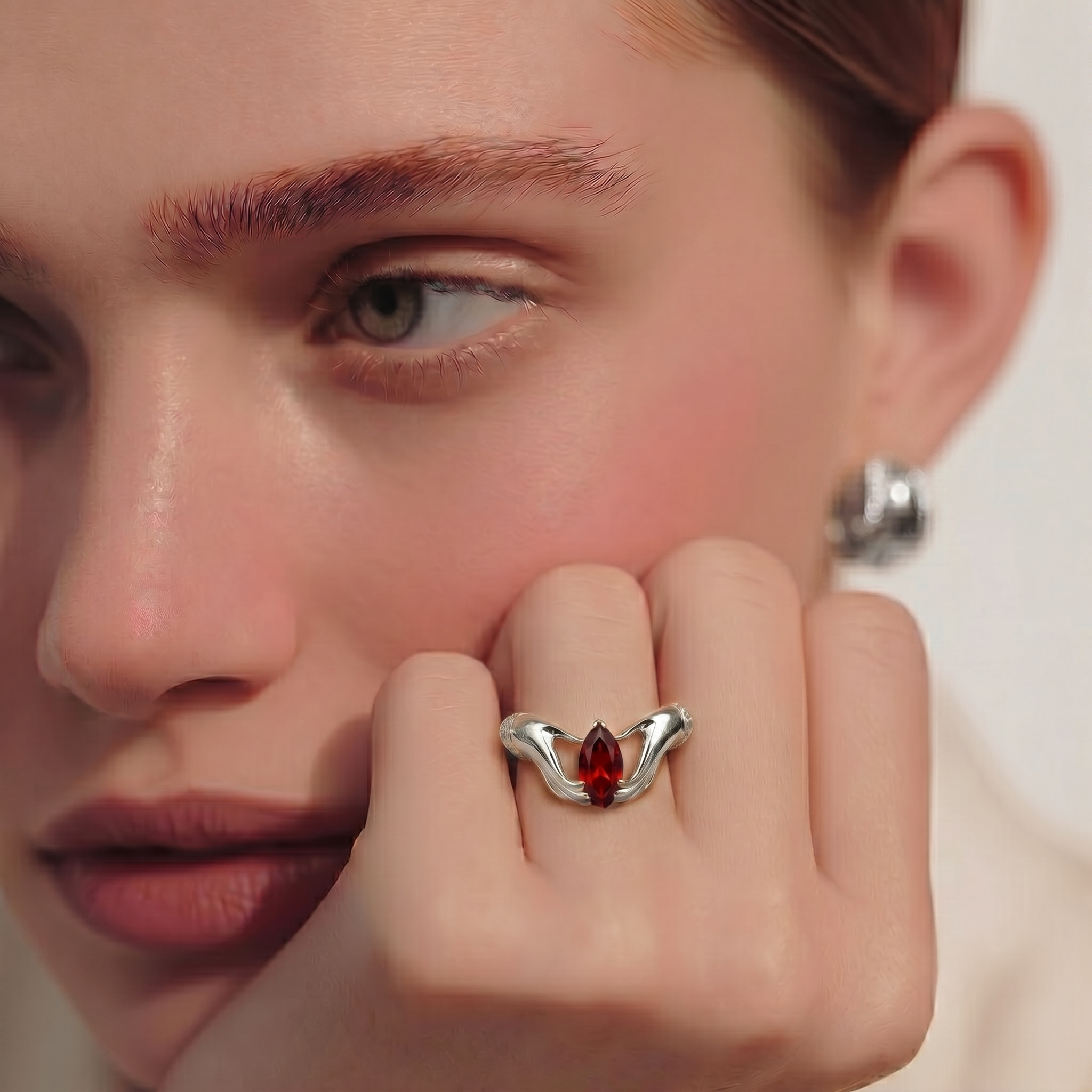 1 CT Garnet Marquise Cut CZ Ring with Hand‑Holding Design | 925 Sterling Silver | US 11 - alternate view