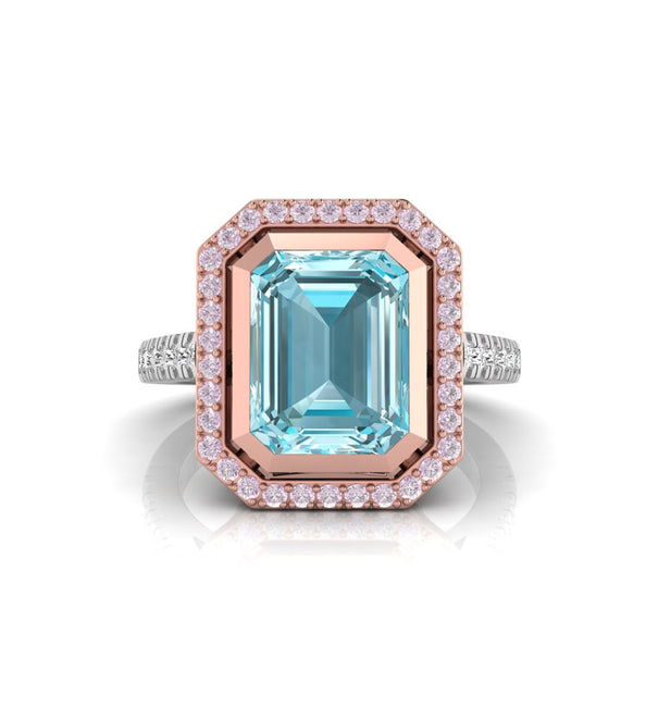 Emerald Cut CZ Stone Bezel Set Halo Two Tone Gold Ring