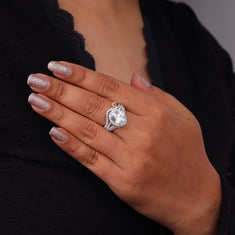 Oval Cut Moissanite Diamond Ring Set – Halo Bridal Wedding Band