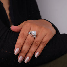 Oval Cut Moissanite Diamond Ring Set – Halo Bridal Wedding Band - alternate view