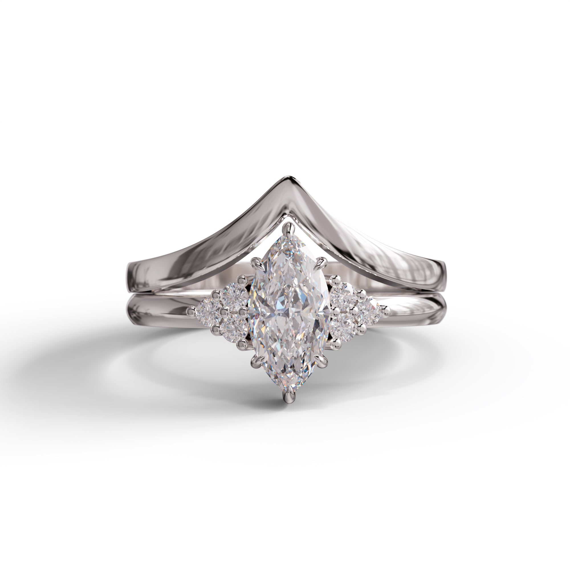 Diamond ring with a pear-shaped center stone on a white background, Marquise & Round Moissanite Seven Stone Chevron Wedding Ring Set, Bridal Stackable Band