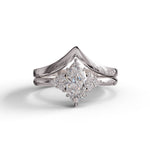 Diamond ring with a pear-shaped center stone on a white background, Marquise & Round Moissanite Seven Stone Chevron Wedding Ring Set, Bridal Stackable Band