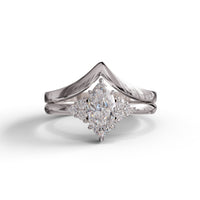 Diamond ring with a pear-shaped center stone on a white background, Marquise & Round Moissanite Seven Stone Chevron Wedding Ring Set, Bridal Stackable Band