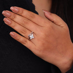 Moissanite Marquise Cluster & Chevron Ring Set – Silver Bridal - alternate view