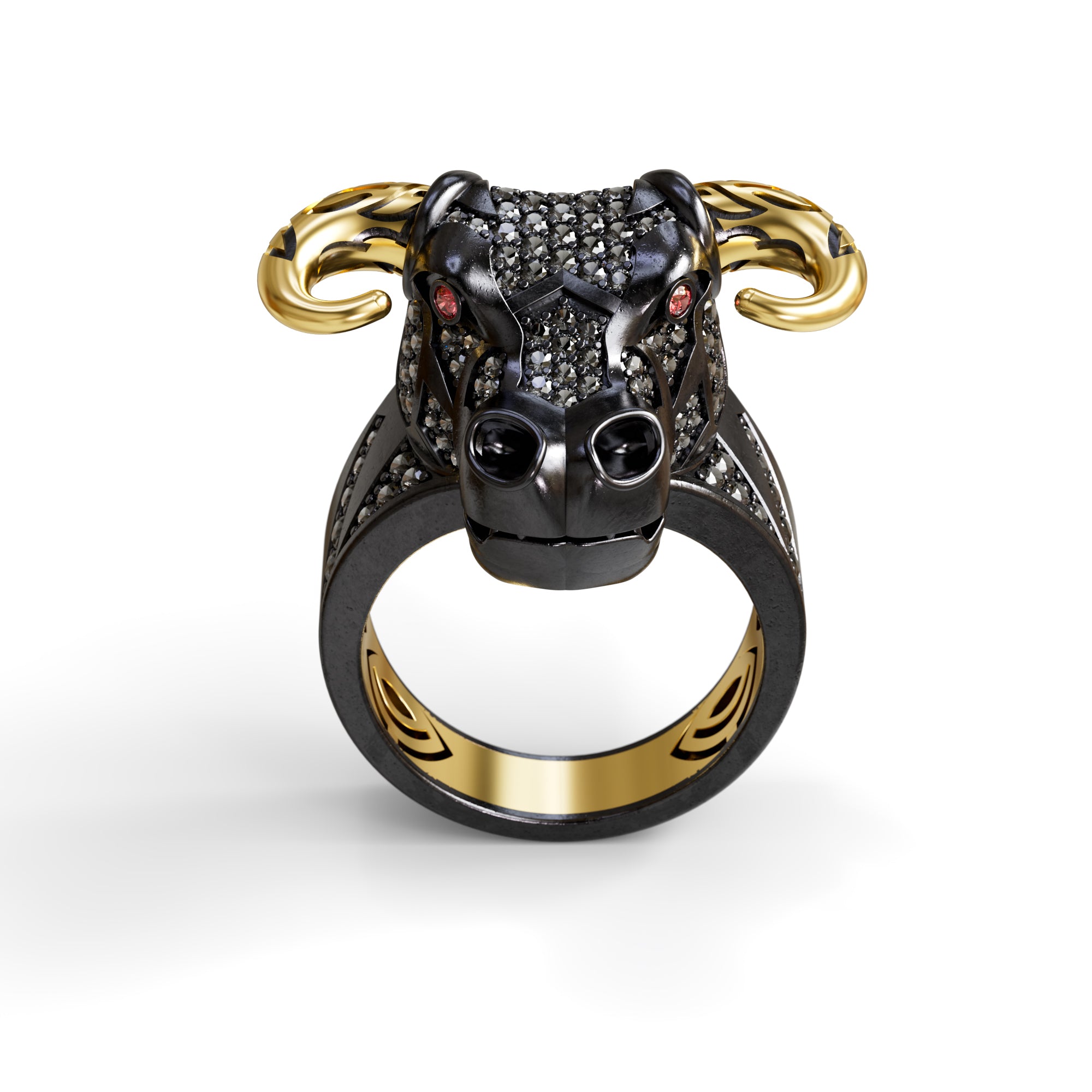 Ox Skull Ring with Black Round Stones & Gold Horns 925 Silver