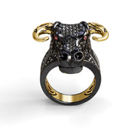 Black and gold bull head ring with gemstones on a white background, Ox Skull Ring with Black Stones & Gold Horns – Viking Biker Ring, Gothic Bull Head Statement Ring for Men