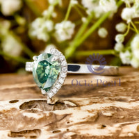 green Pear Cut CZ Stone Prong Set Half Halo Engagement & Wedding Ring For ladies