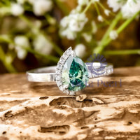 green Pear Cut CZ Stone Prong Set Half Halo Engagement & Wedding Ring For ladies