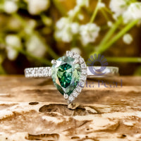 Green Pear Cut CZ Stone Prong Set Half Halo Engagement & Wedding Ring For ladies